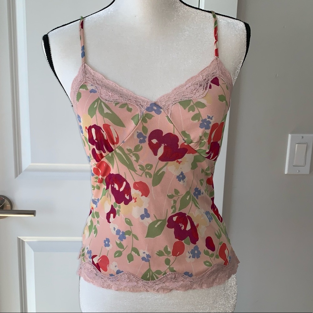 COPY - FLORAL VINTAGE CAMISOLE PINK LACE TRIM TANK TOP M